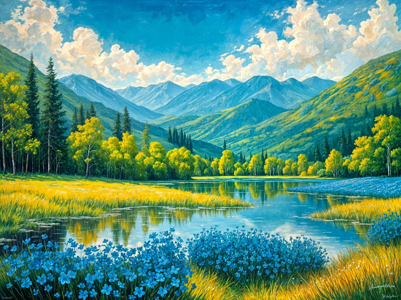 Vibrant Blue Landscape in Impasto Style
