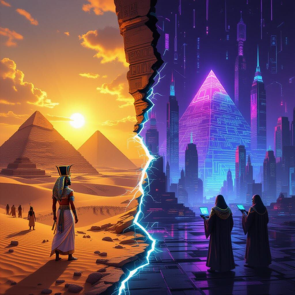 Cyberpunk Pharaohs in a Neon City