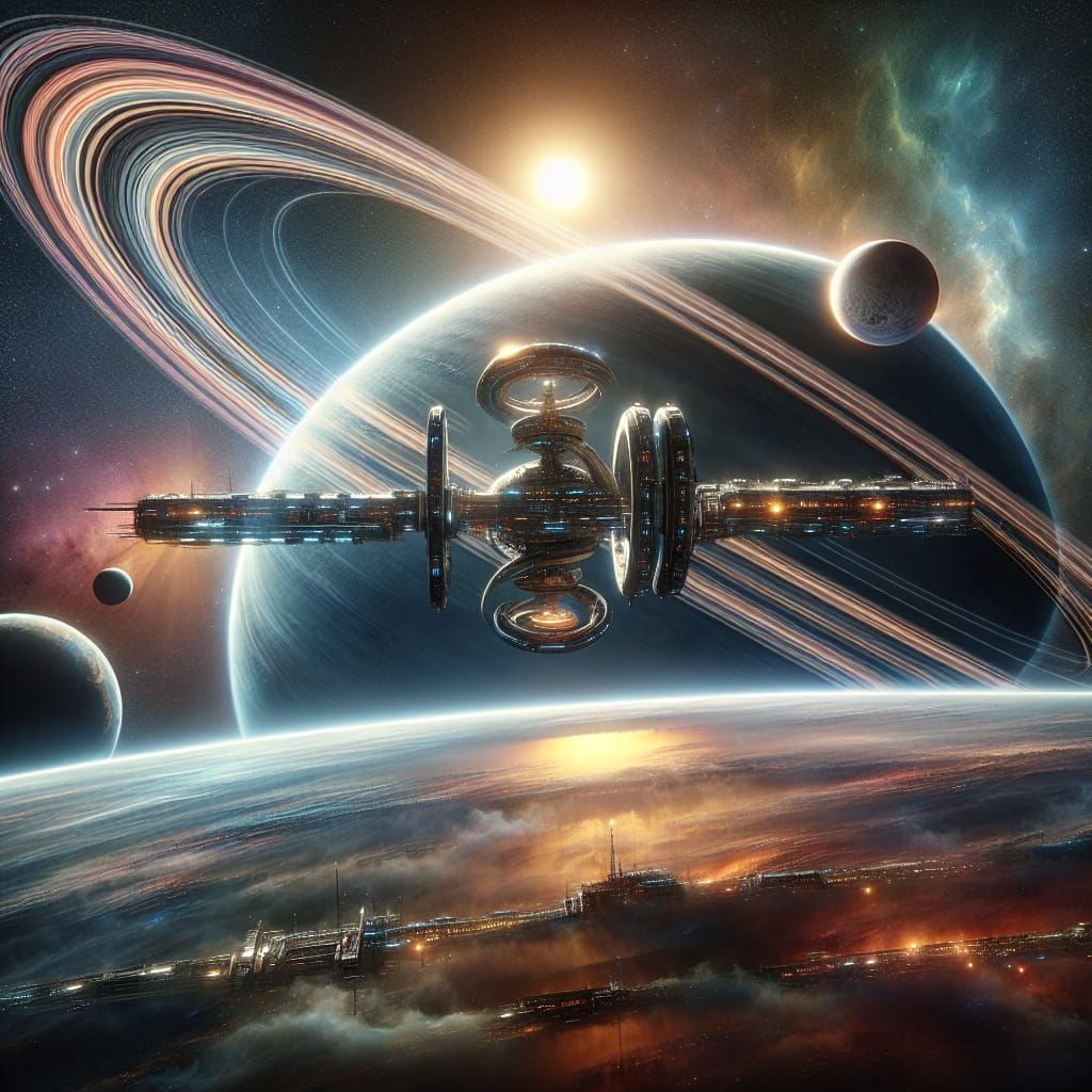 a hyperrealistic portrait of a futuristic space station, the station is orbiting a strange planet with three rings aroun...