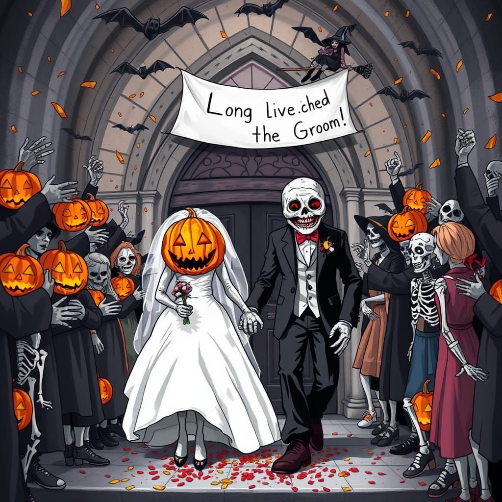 Halloween Wedding: Jack O'Lantern Groom and Zombie Bride