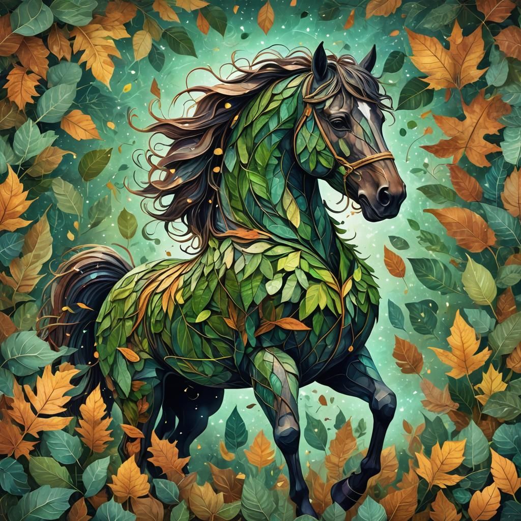 Astral Horse Made of Leaves Illustration