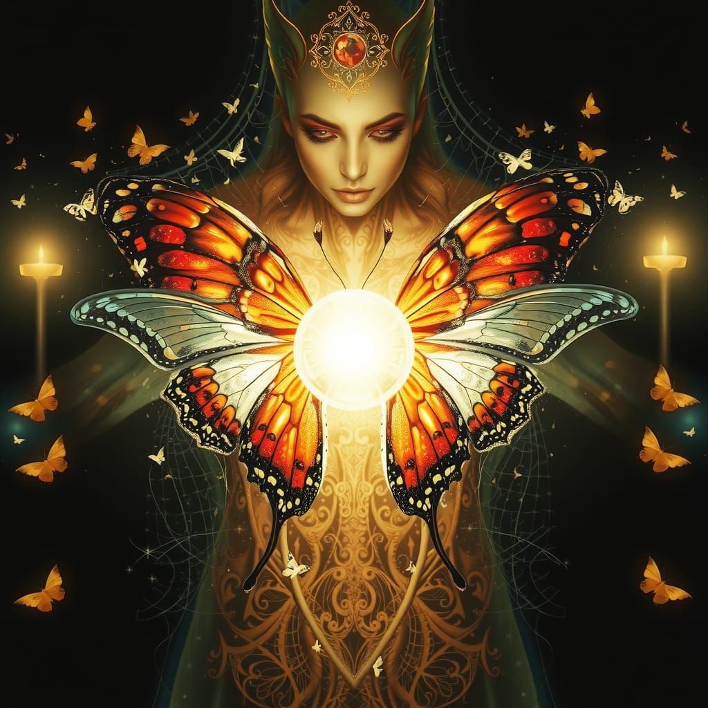 Fae Creature with Glowing Orb and Butterfly Wings