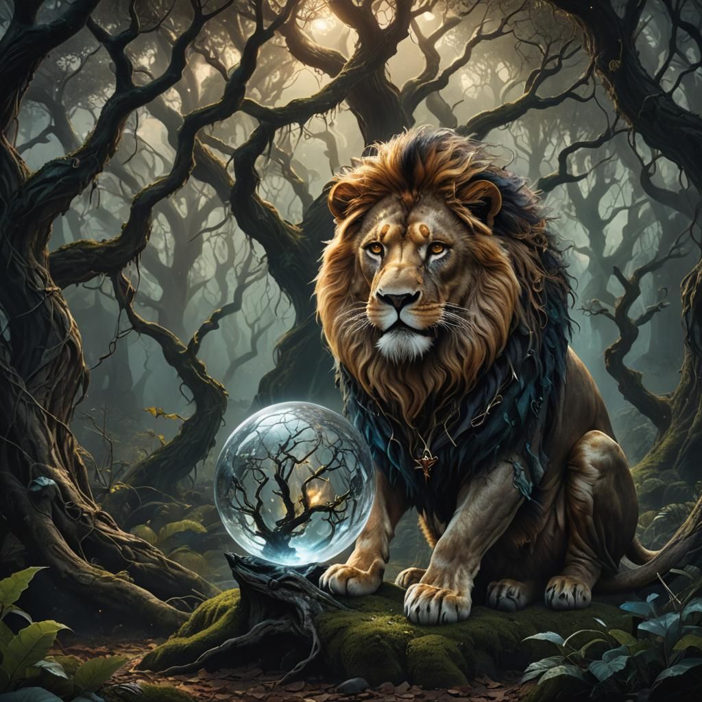 Lion Witch Gazing into Crystal Ball, Fantasy Art