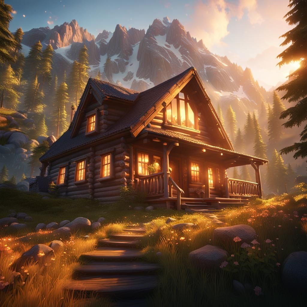 Majestic Mountain Cabin in Epic 3D Videogame Style