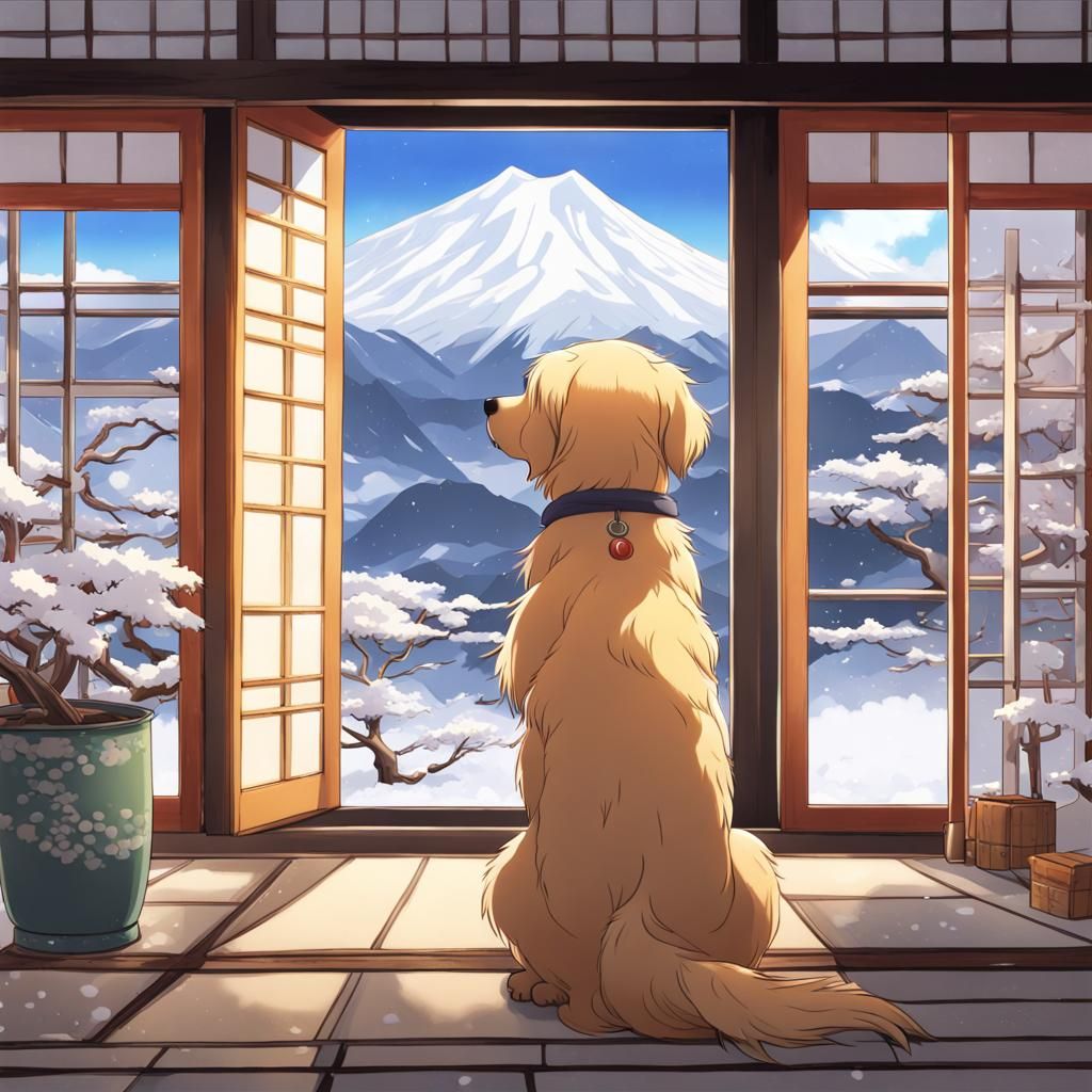 Golden Retriever in Japanese House, Anime Style