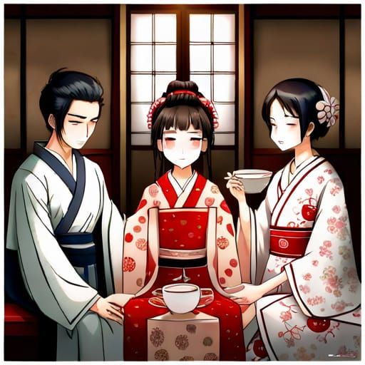 Japanese Tea Ceremony with Geisha in Anime Style