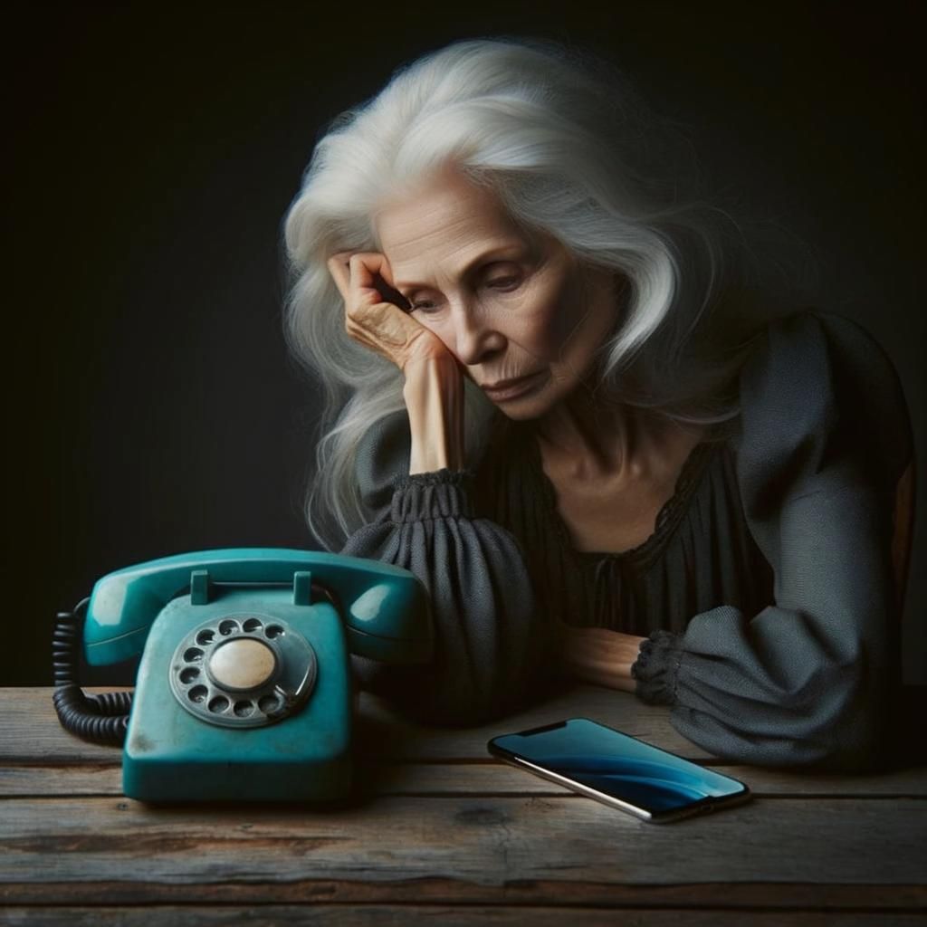 Elderly Woman with Rotary Phone in Somber Lighting
