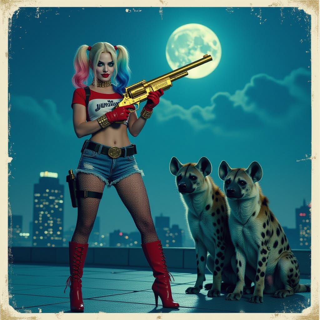 Harley Quinn with Hyenas on Skyscraper Rooftop