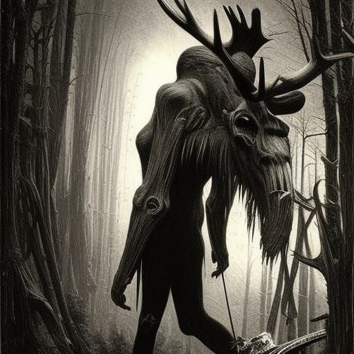 Imposing Wendigo with Moose Skull in Dark Fantasy Style