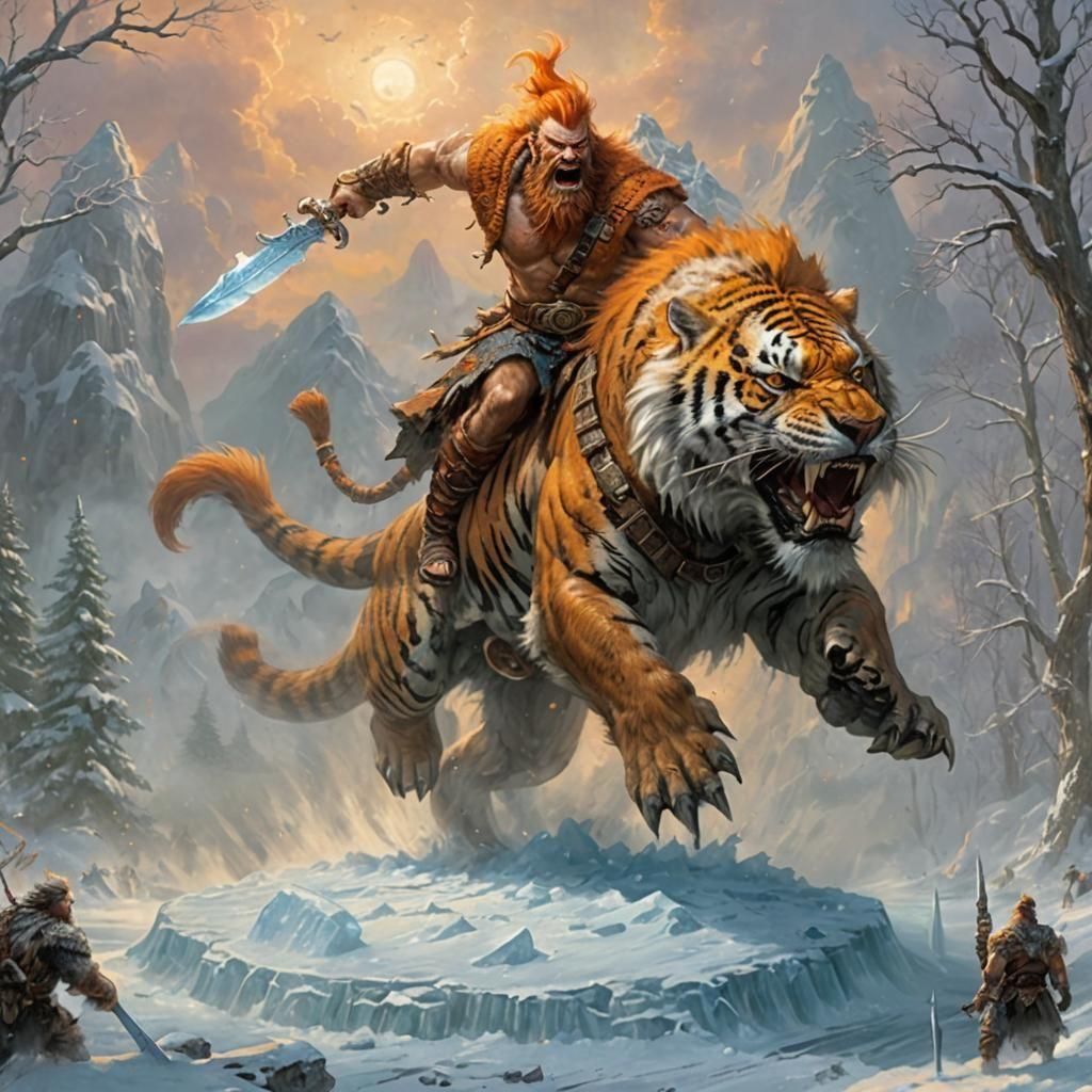 Dwarven Barbarian Rides Saber-Toothed Tiger in Fantasy Style