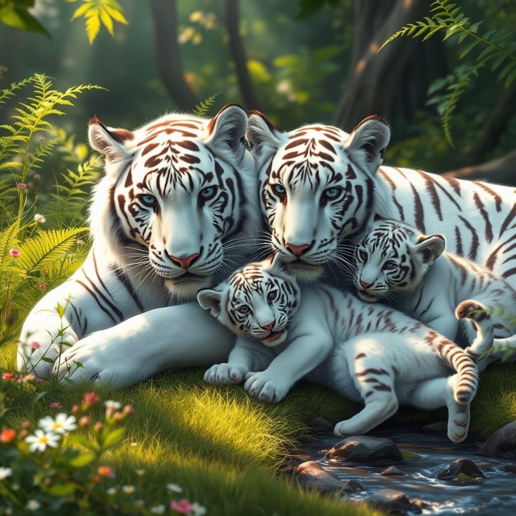 White Tiger Mother and Cubs in Forest Clearing