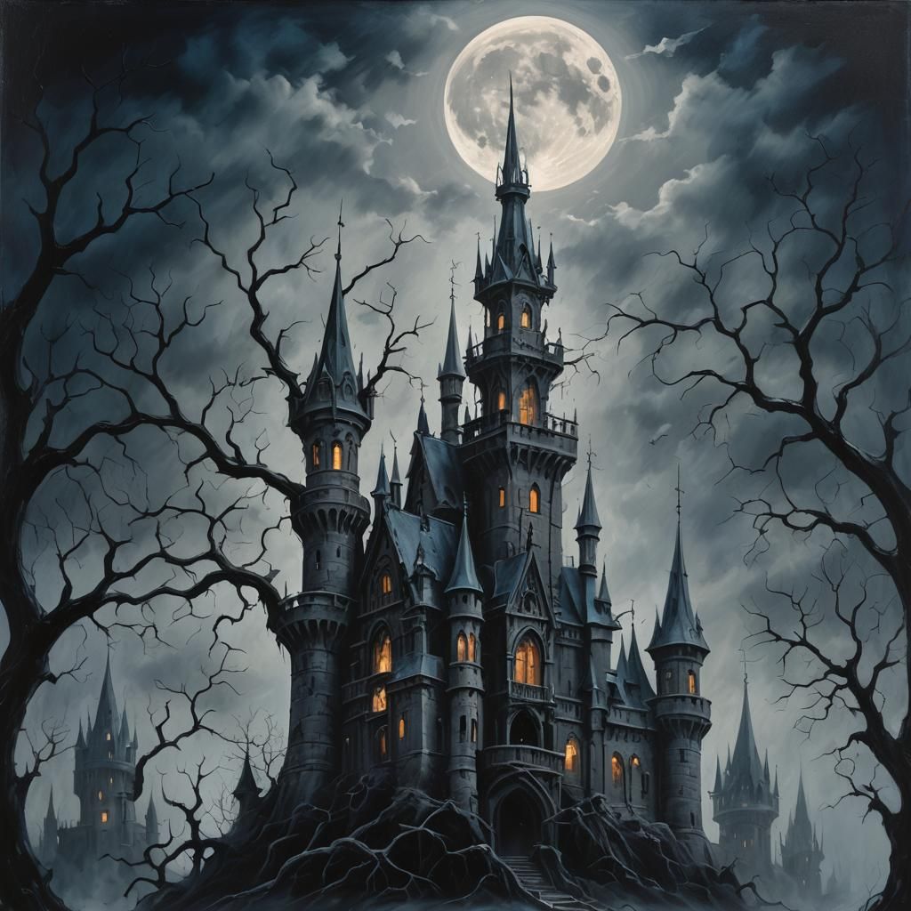 Eerie Gothic Castle Oil Painting in Vintage Horror Style