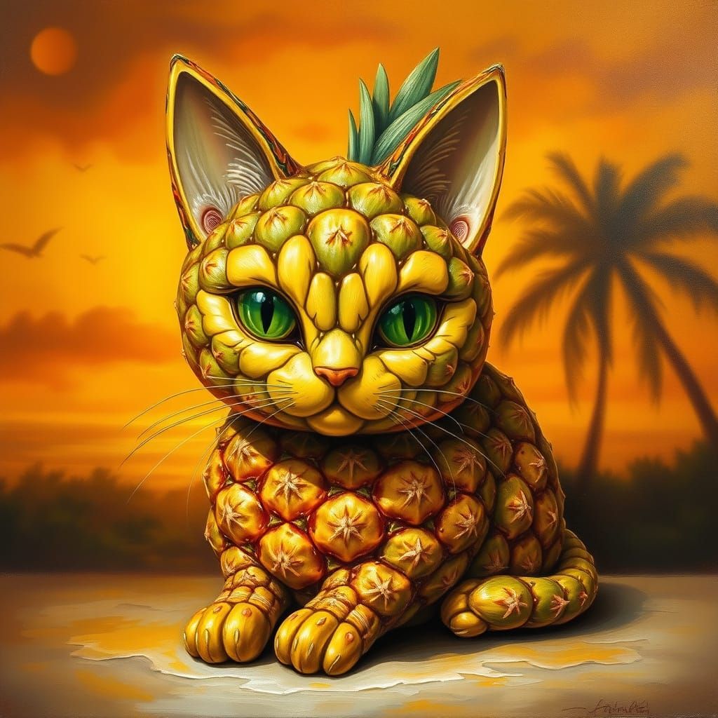 Whimsical Pineapple Cat in Hyper-Realistic Oil Painting Styl...