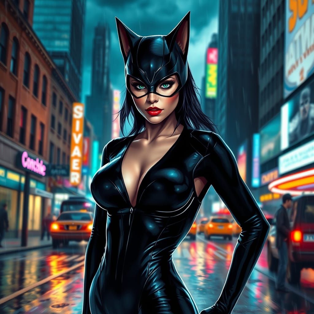 Catwoman Stands Confidently in Rainy New York Night