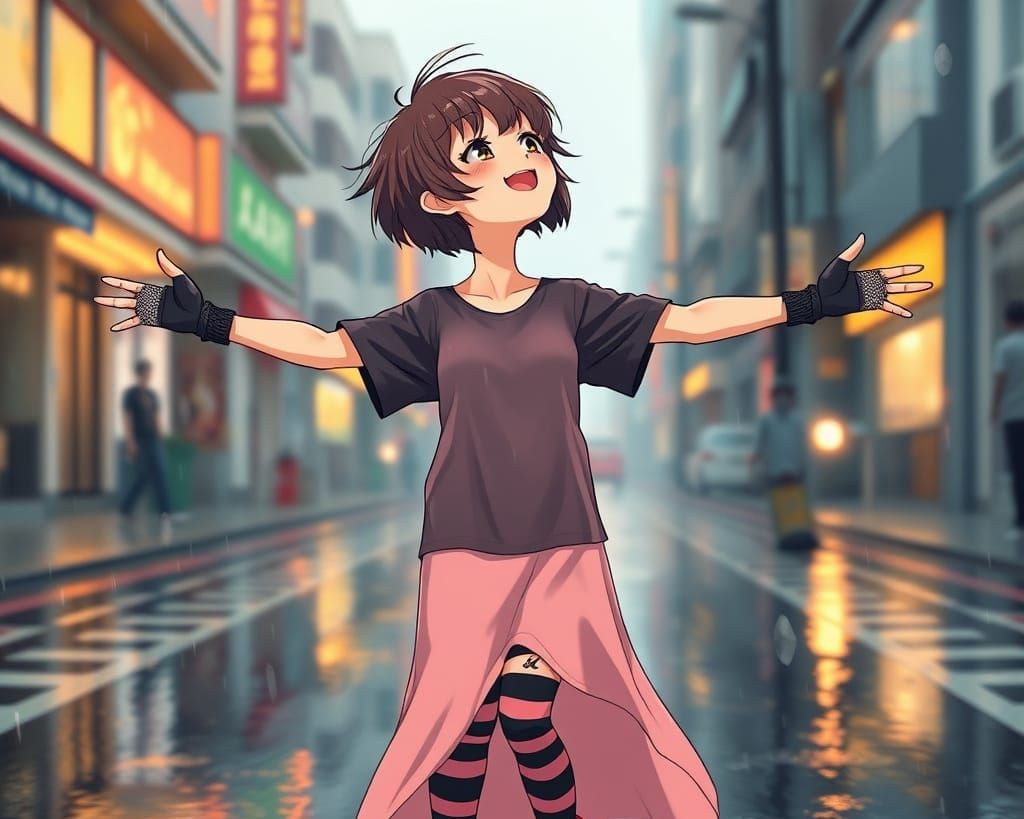 Emo Girl Embracing Spring Rain in Vibrant Anime Style