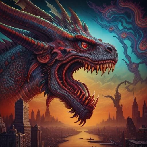 Dragon Head Cityscape in Psychedelic Surrealist Style