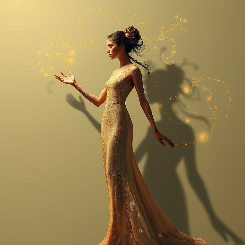Woman Transcends Her Shadow in a Whimsical, Dreamlike Aura