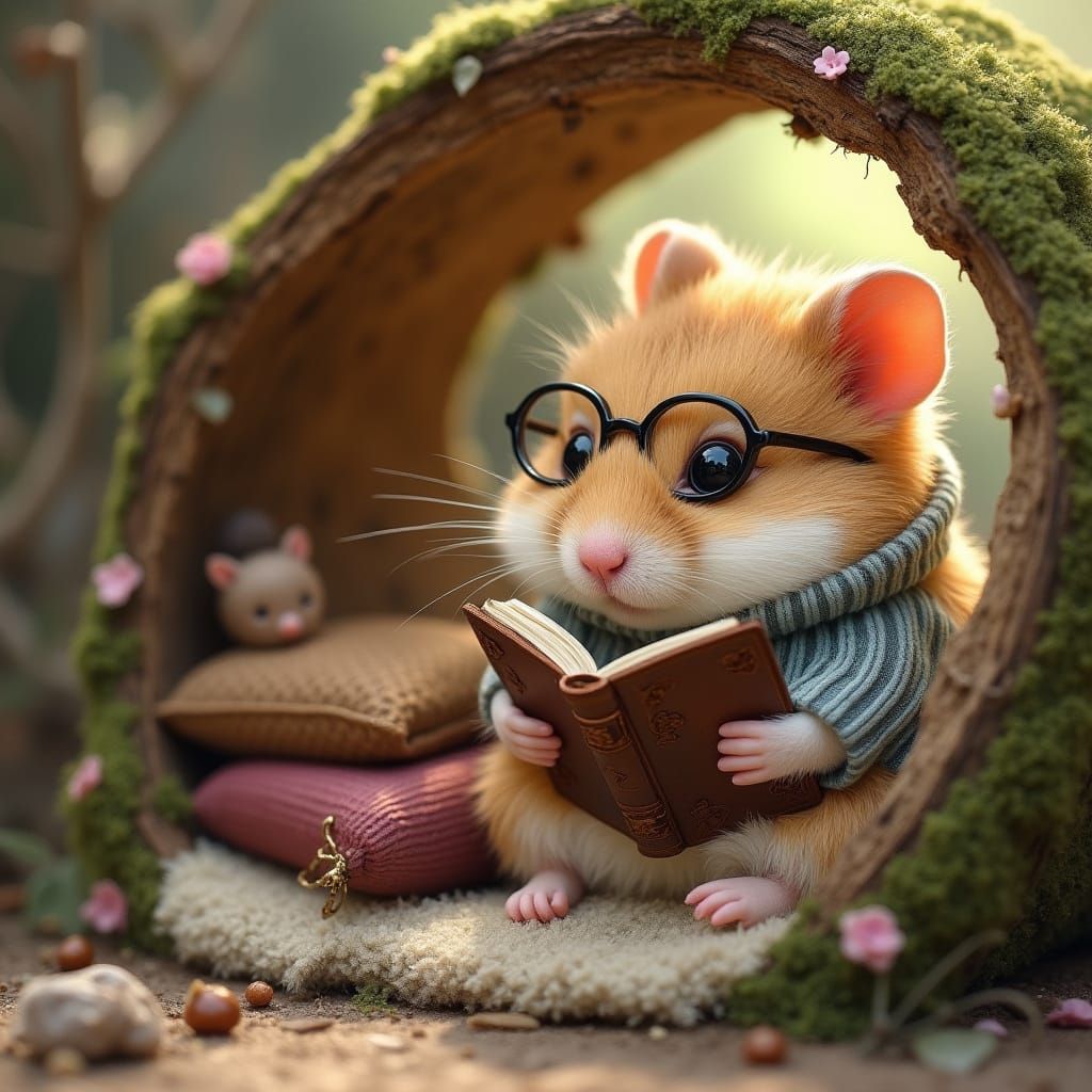 Hamster Reading Book in Cozy Burrow, Illustrated Style