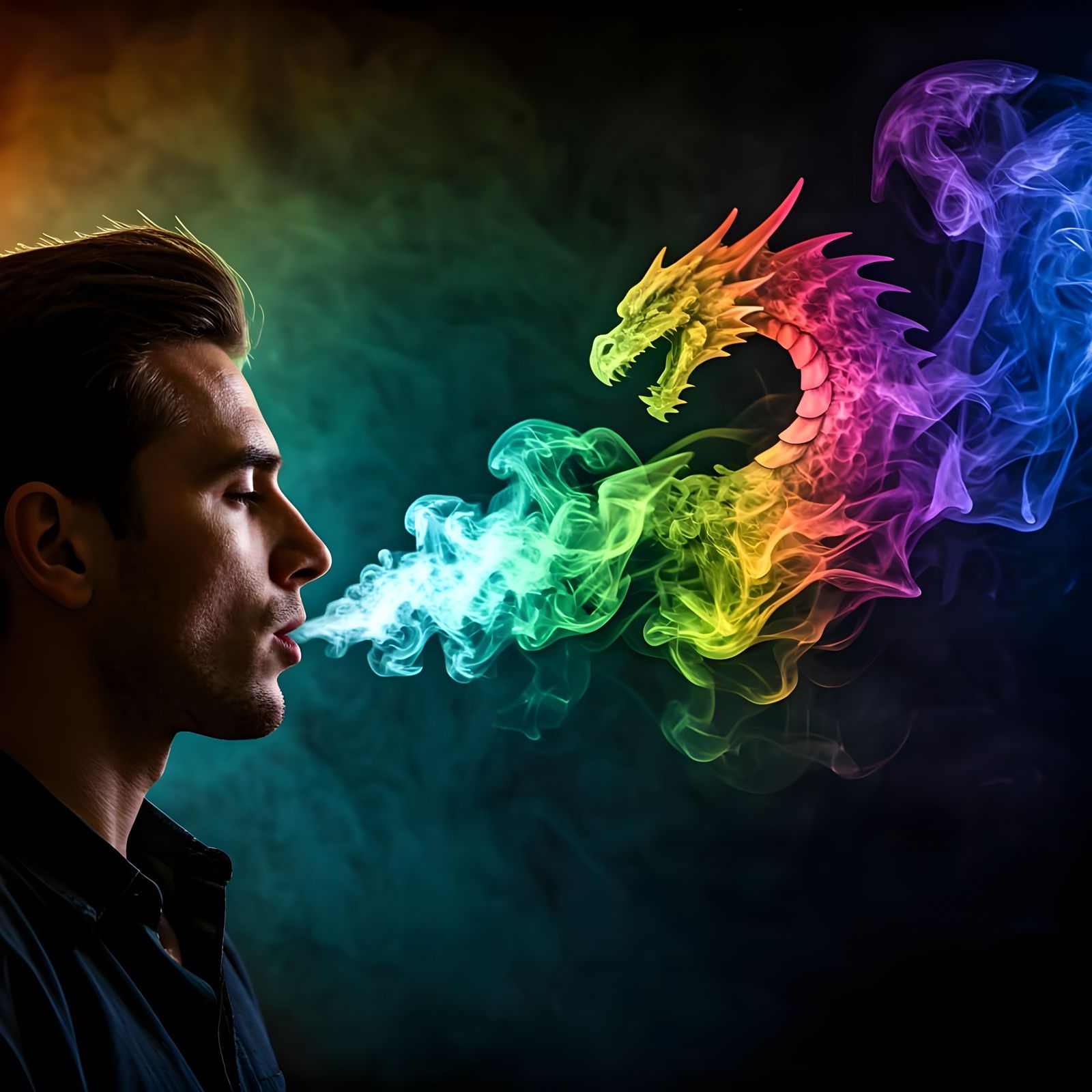 Man Exhaling Rainbow Smoke Dragon Silhouette