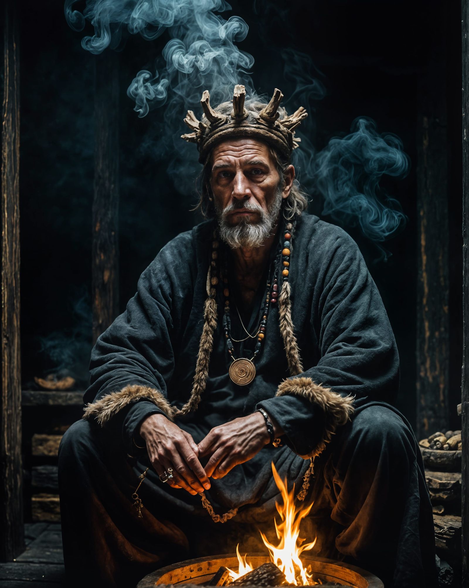 Mysterious Pagan Shaman in Smoke Sauna