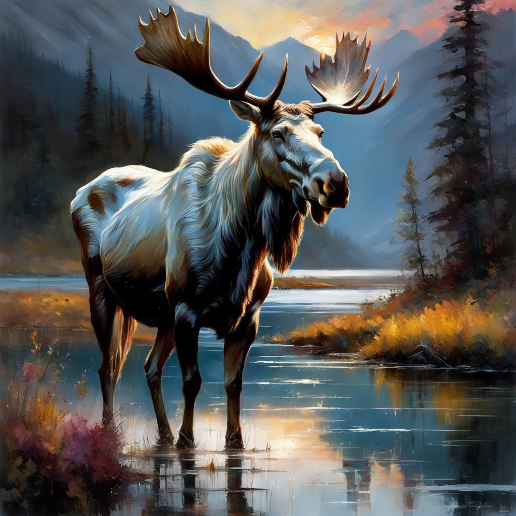 White Moose at Sunset: Detailed Matte Painting