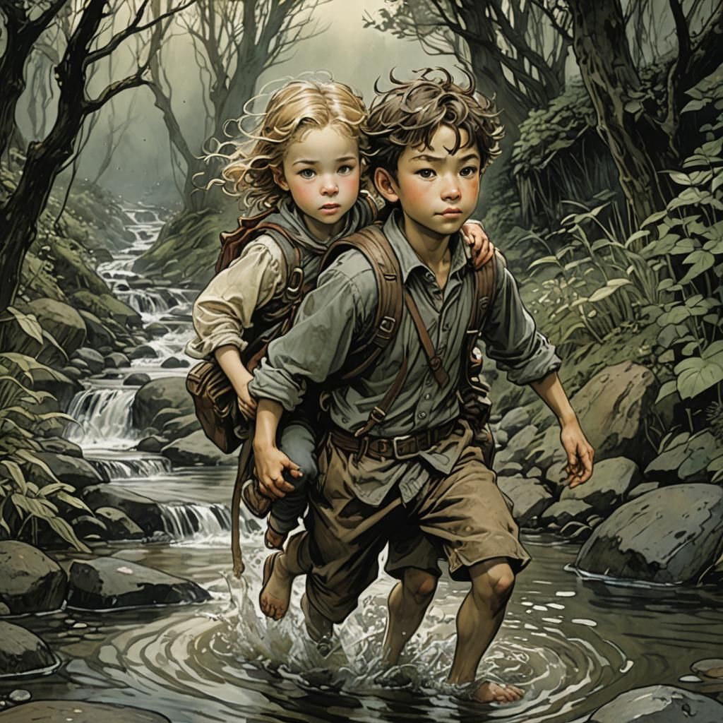 Brother and Sister in Stream, Illustrated Fairy Tale Style
