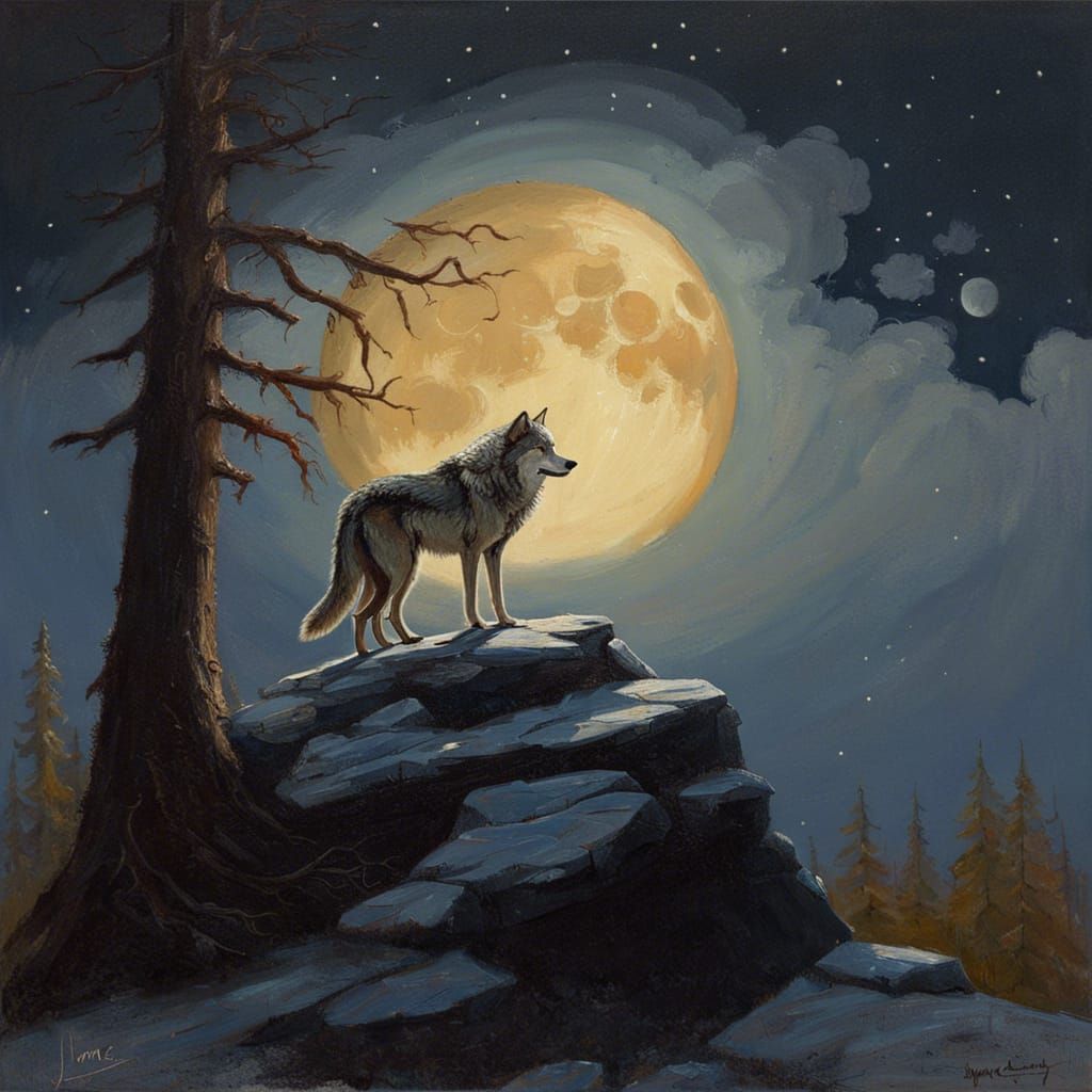 Wolf Staring at Moon, Oil Painting