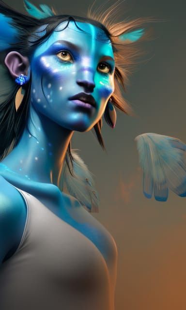 Girl with avatar face, blue skin, dress of feathers, wings l...