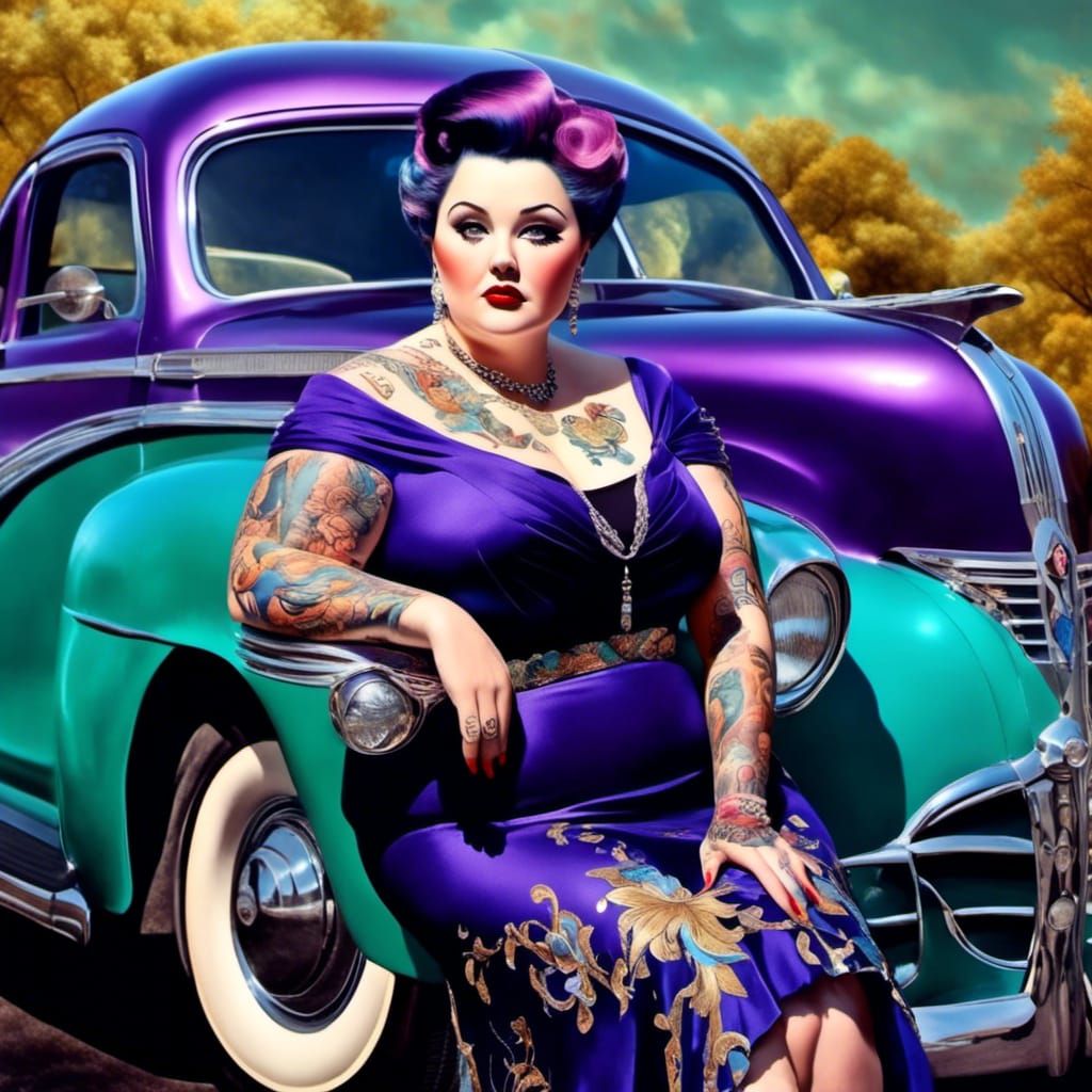 Chubby Goth Pin-Up with 1950s Car in Alcohol Ink Style
