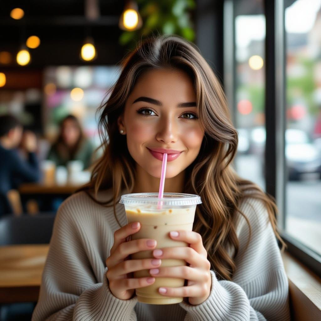 Young Woman Enjoying Refreshment from a Plastic Cup