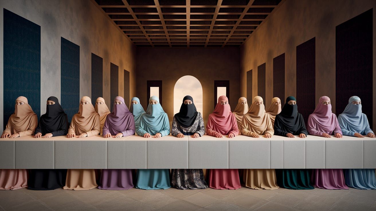 Women in Niqabs Gather Around a Table in a 21st Century Arti...