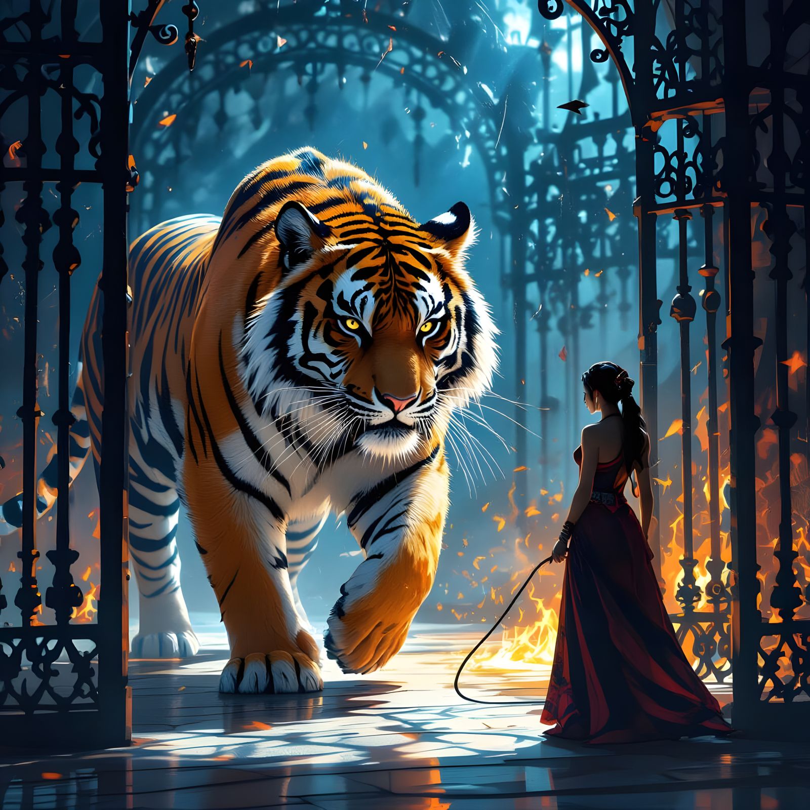 Tiger Tamed by Woman with Whip in Ornate Cage