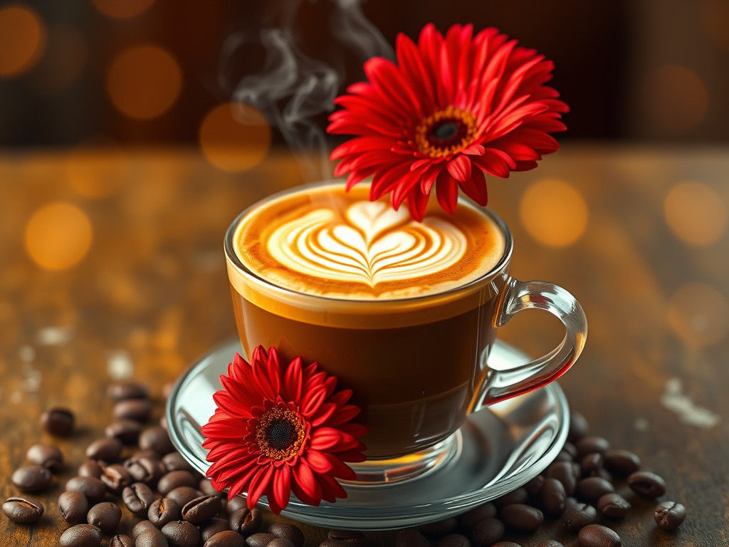 Surreal Cafe Scene with Floral Designs and Rich Coffee Art