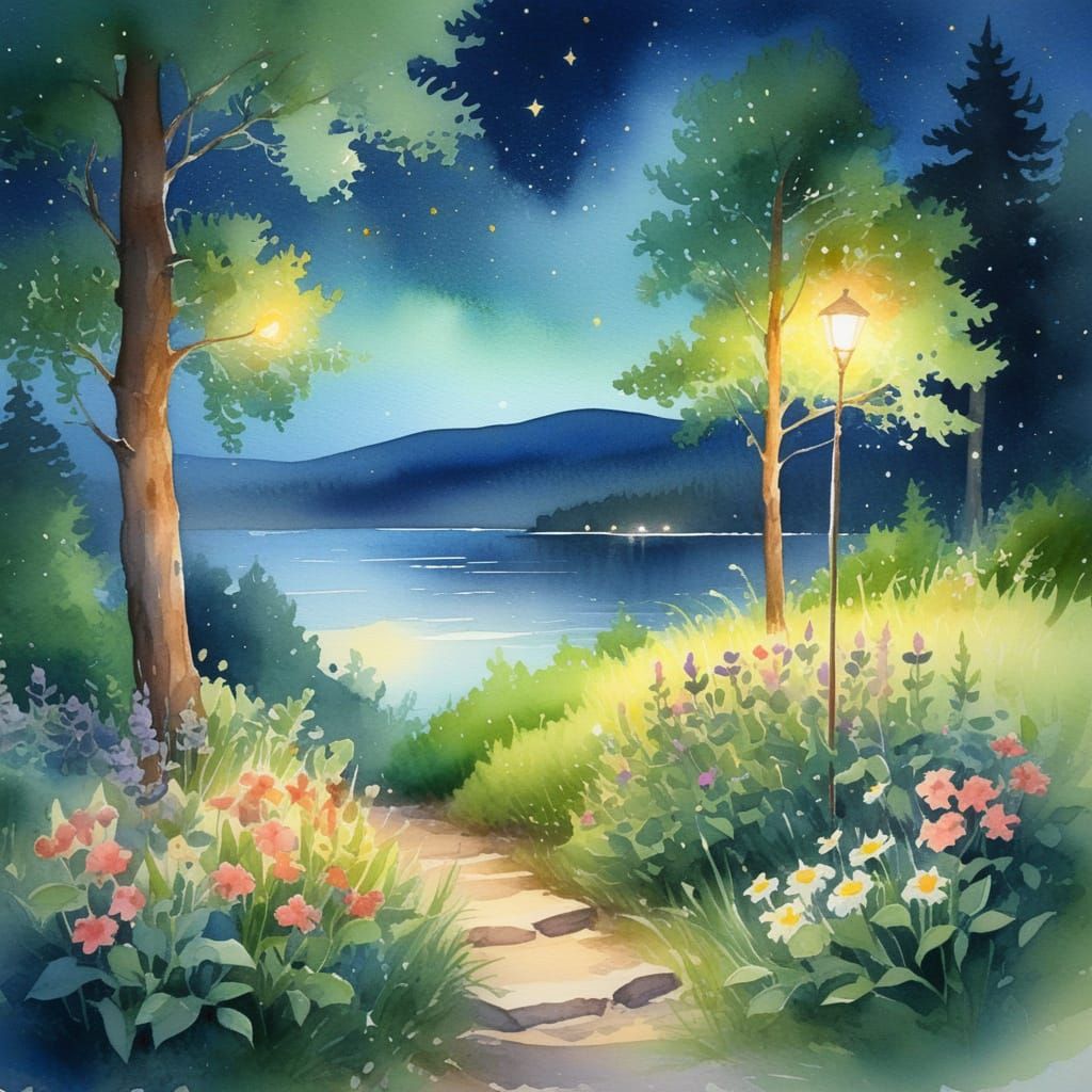 Peaceful Summer Night Watercolor Scene with Soft Glowing Lig...