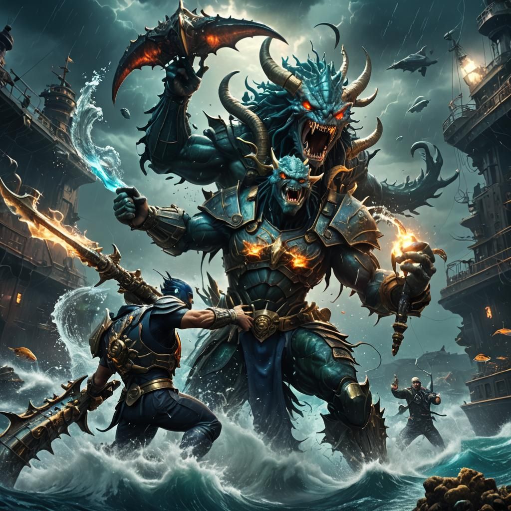 Atlantean Warrior Battles Demon in Underwater Realm