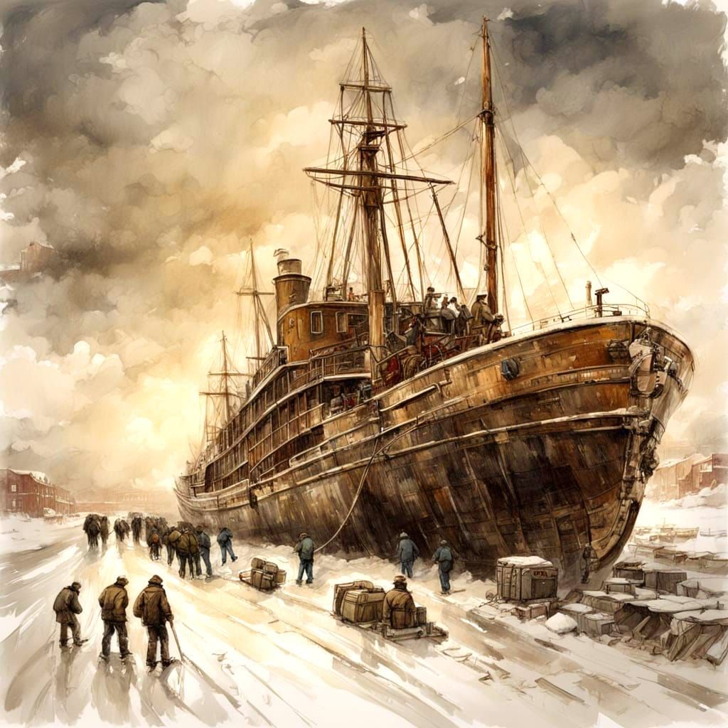 Vintage Steam Icebreaker in Arctic Landscape