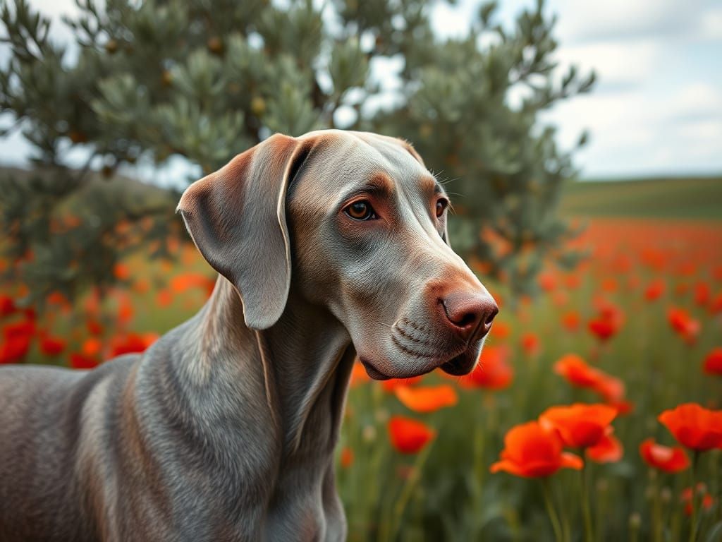 Weimaraner with Red Poppies and Olive Tree