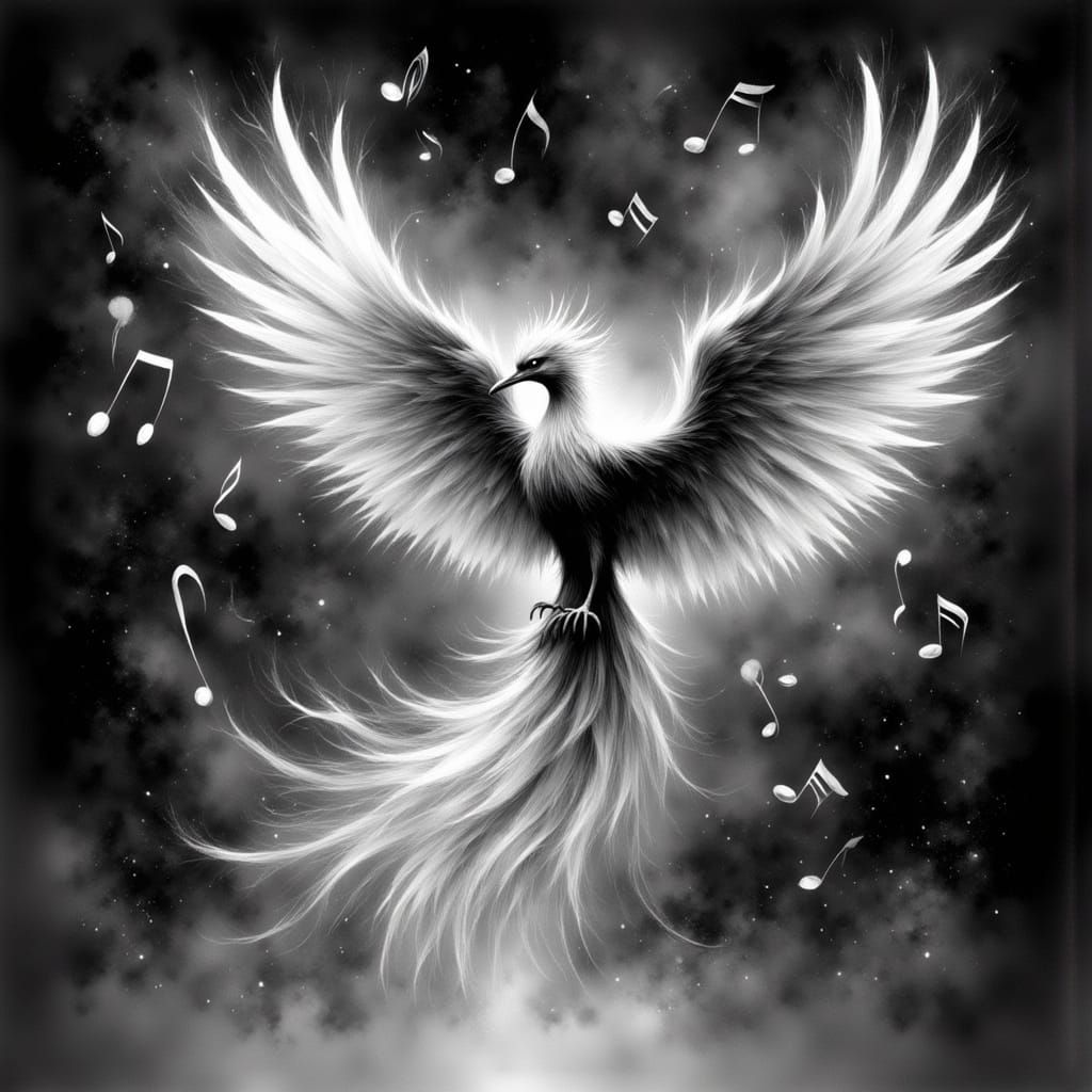 Monochromatic Phoenix Rising with Music Notes in Digital Art...