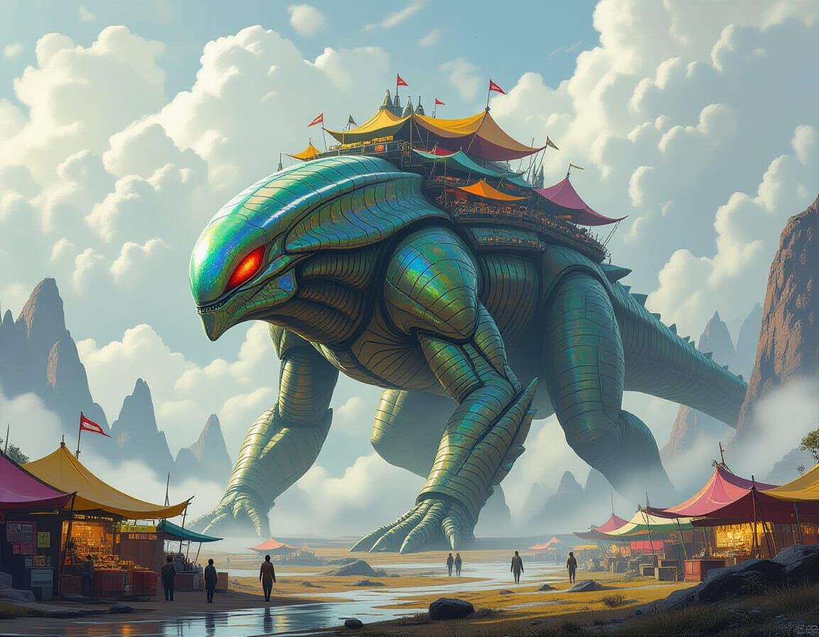 Alien Marketplace on a Colossal Creature's Back