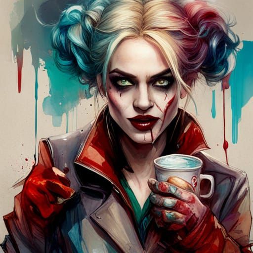 Mysterious Clown Harley Quinn Portrait in Splash Art