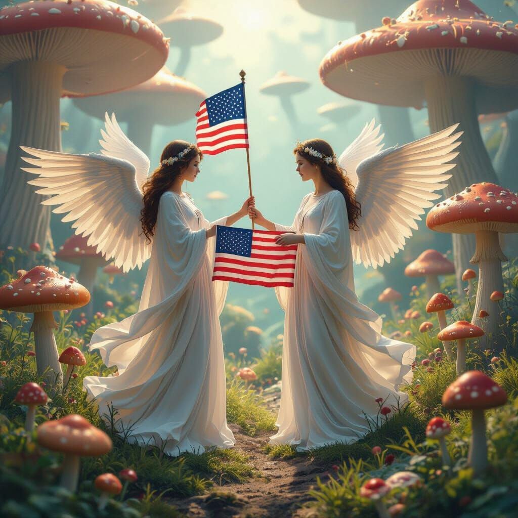 Angels Holding American Flag in Mushroom World