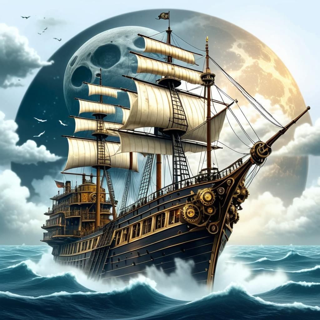 Steampunk Paddle Wheel Ship on the Ocean