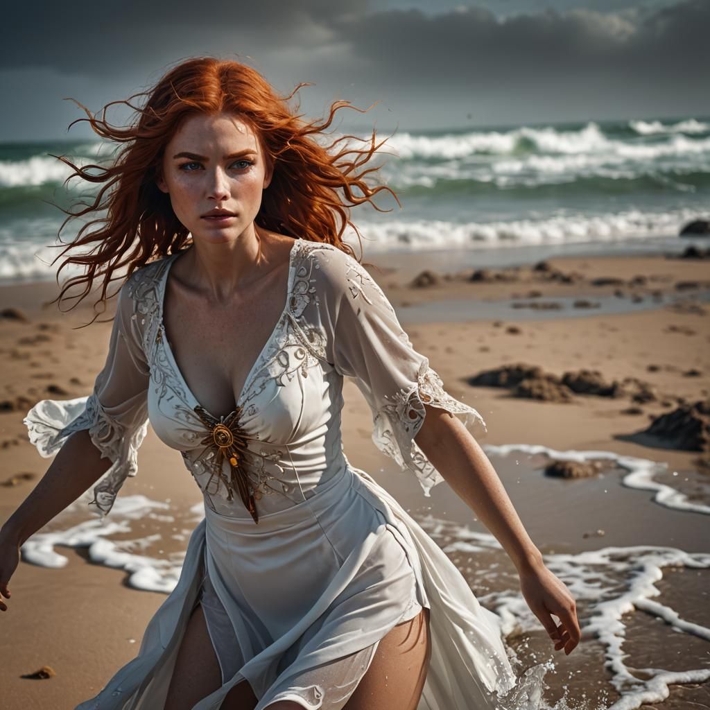 Red-Haired Woman on Beach with Wind-Swept Hair