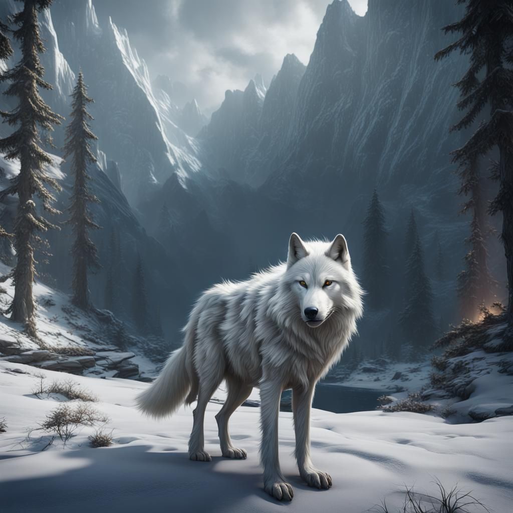 Majestic White Wolf in Detailed Fantasy Art
