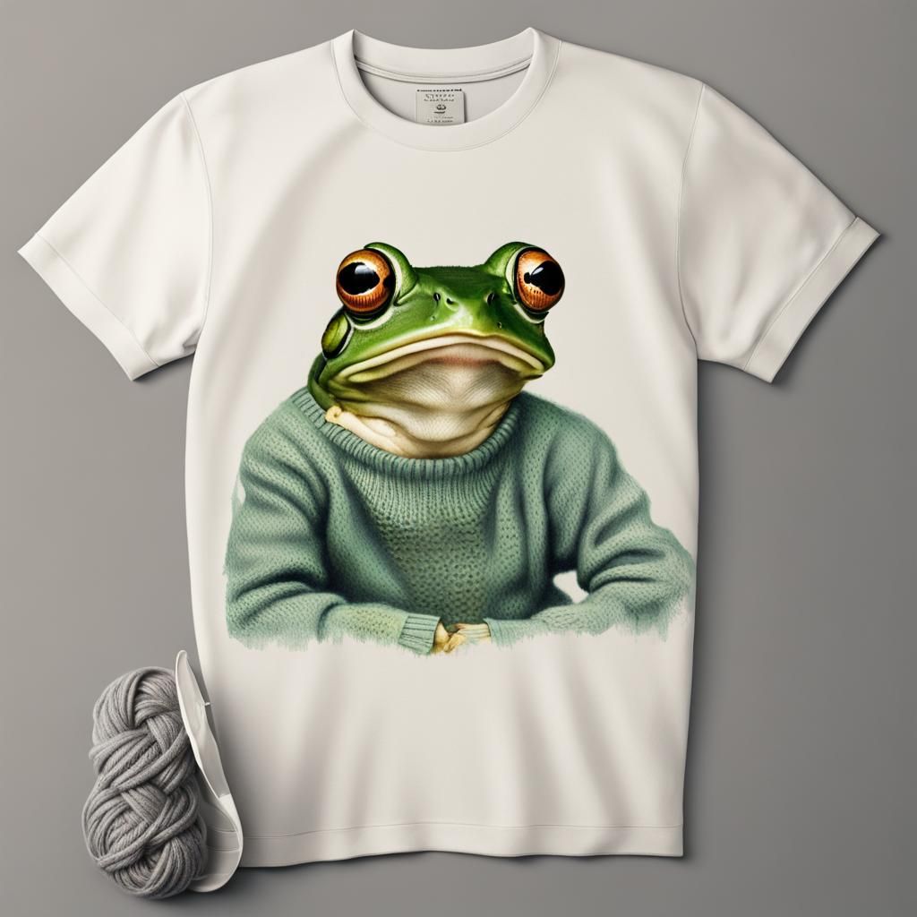 Frog Knitting Sweater: Hyperrealistic Double Exposure T-Shir...