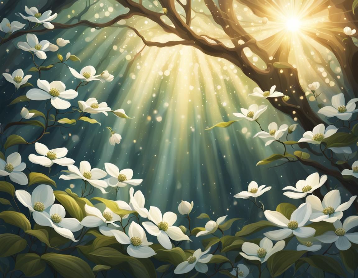 Dogwood Flowers in Magical Forest Illustration