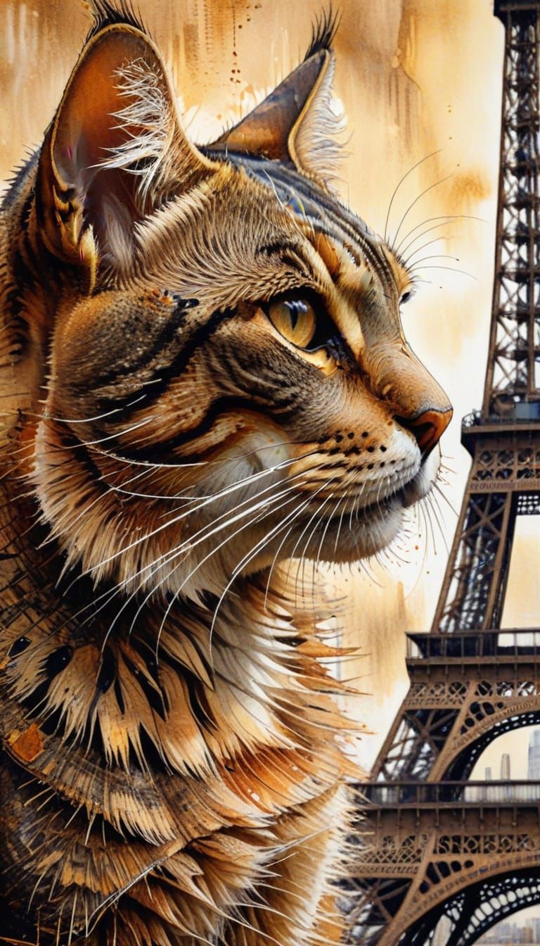 Giant Tabby Cat Scratches Eiffel Tower in Watercolour