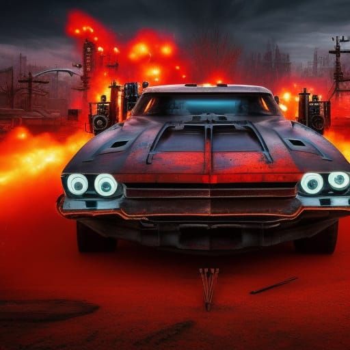 Steampunk Road Warrior Muscle Car in Dark Horror Art