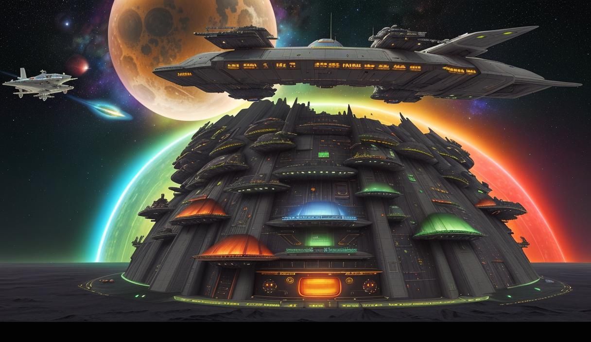 Futuristic Steampunk Starship Orbiting Mercury-like Planet