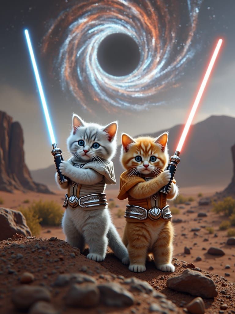 Kitten Guardians Wielding Lightsabers in Space